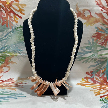 Vintage White and Pink Carved Shell Necklace - Handmade Coastal Jewelry