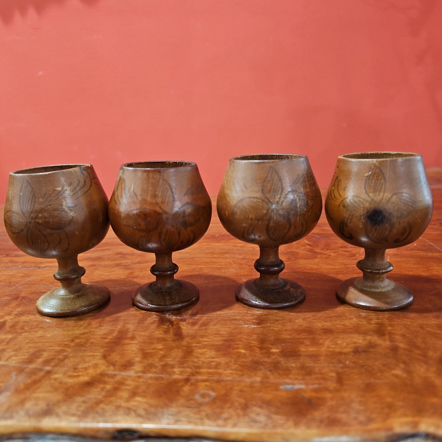 Vintage Wooden Bottle and 4 Mini Goblets