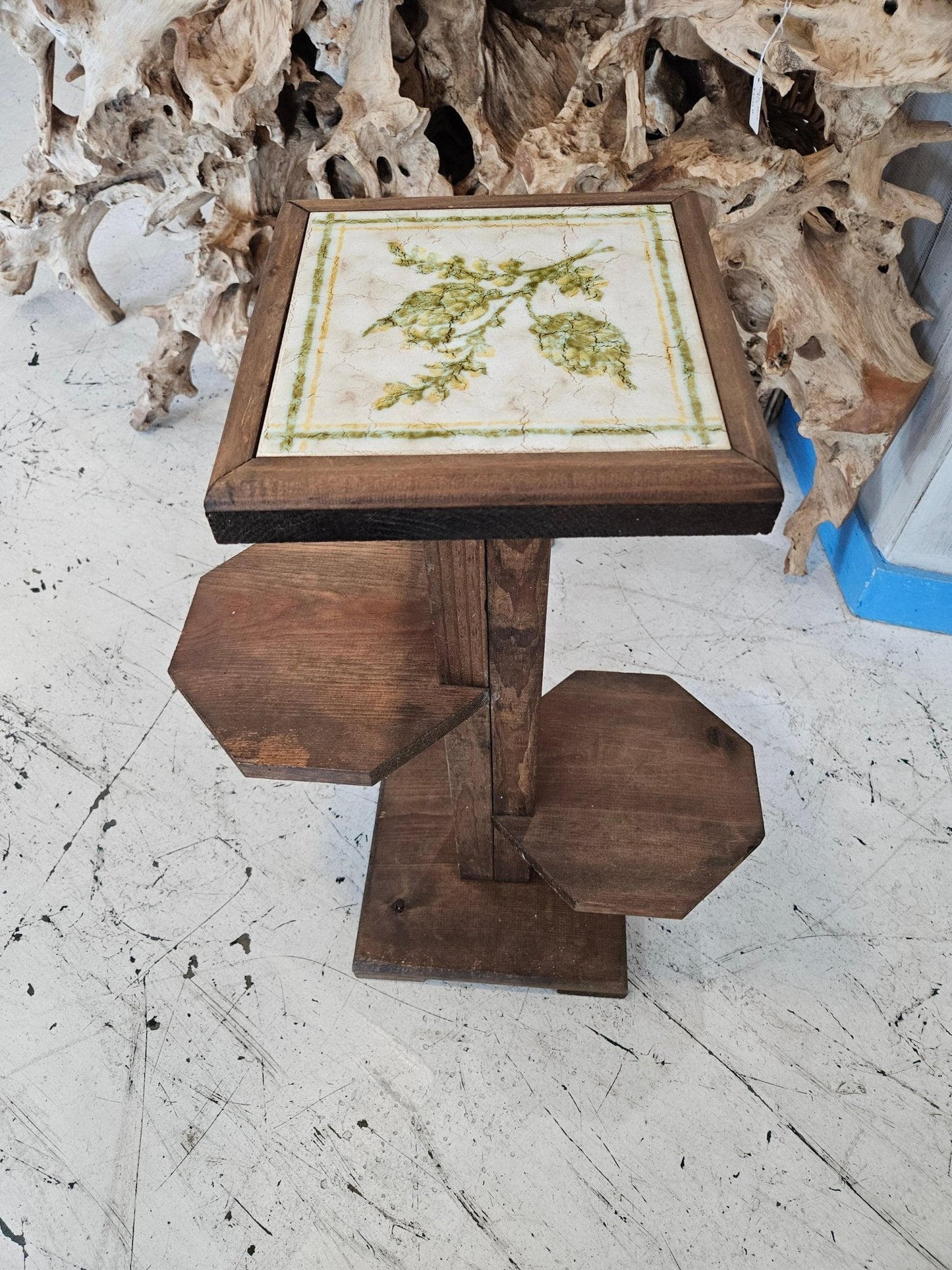 Vintage Wooden Plant Stand with Ceramic Tile Top – 27.5" x 17.5" x 9.5