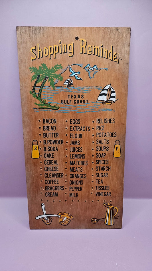 Vintage Wooden "Shopping Reminder" List - Texas Gulf Coast Theme - 12"x6
