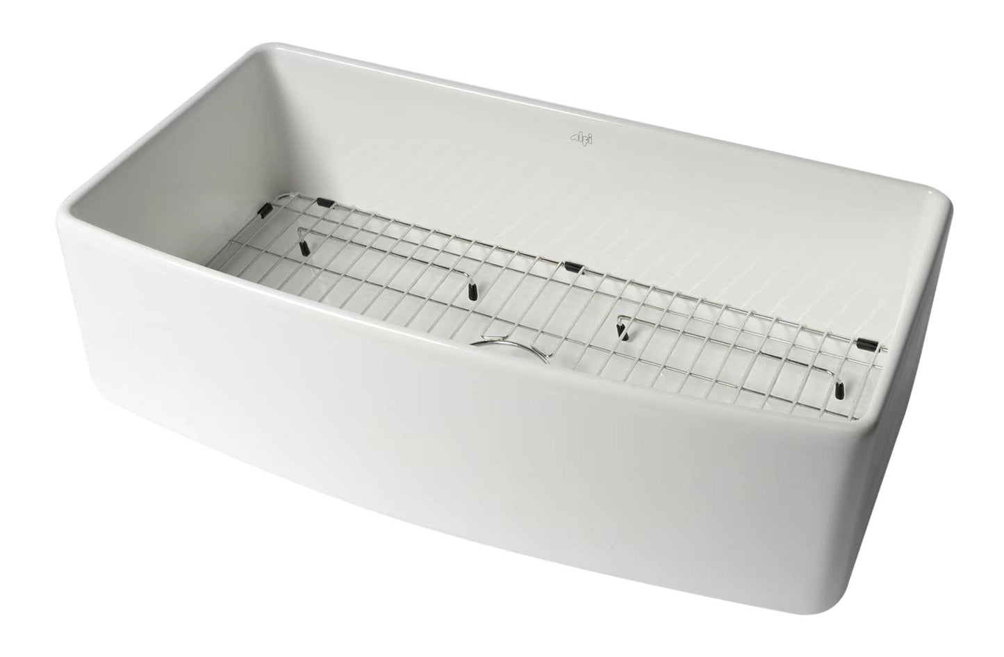 ALFI brand ABFC3620S ABFC3620S-W White Smooth Curved Apron 36" x 20" Single Bowl Fireclay Farm Sink with Grid