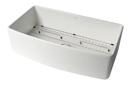 ALFI brand ABFC3620S ABFC3620S-W White Smooth Curved Apron 36" x 20" Single Bowl Fireclay Farm Sink with Grid