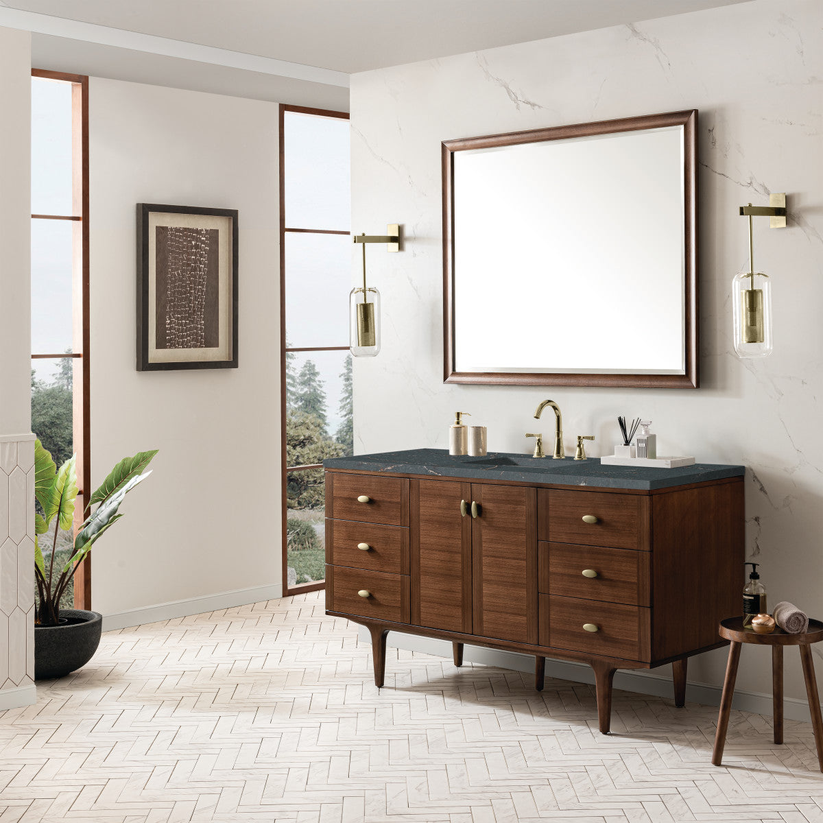 Amberly 60" Single Vanity Cabinet, Mid-Century Walnut