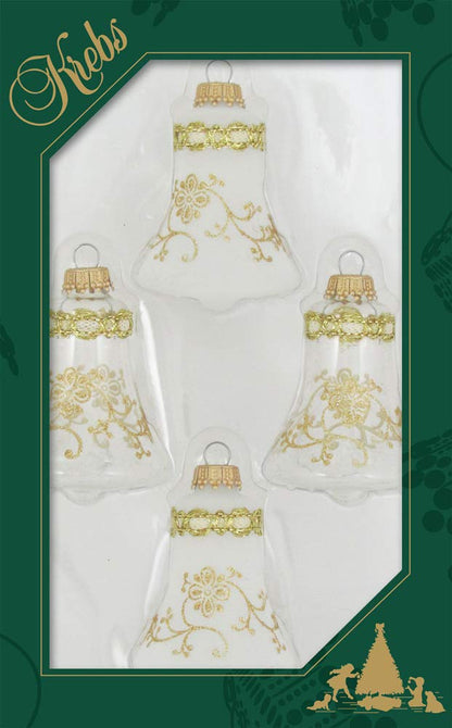 Clear and Frosted Gold Glitterlace and Braid Bell Ornaments - 4 Piece Set