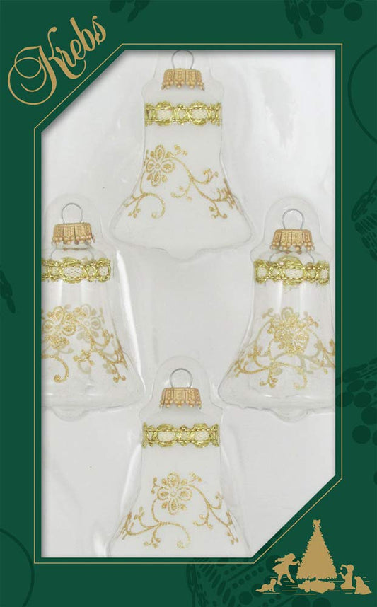 Clear and Frosted Gold Glitterlace and Braid Bell Ornaments - 4 Piece Set