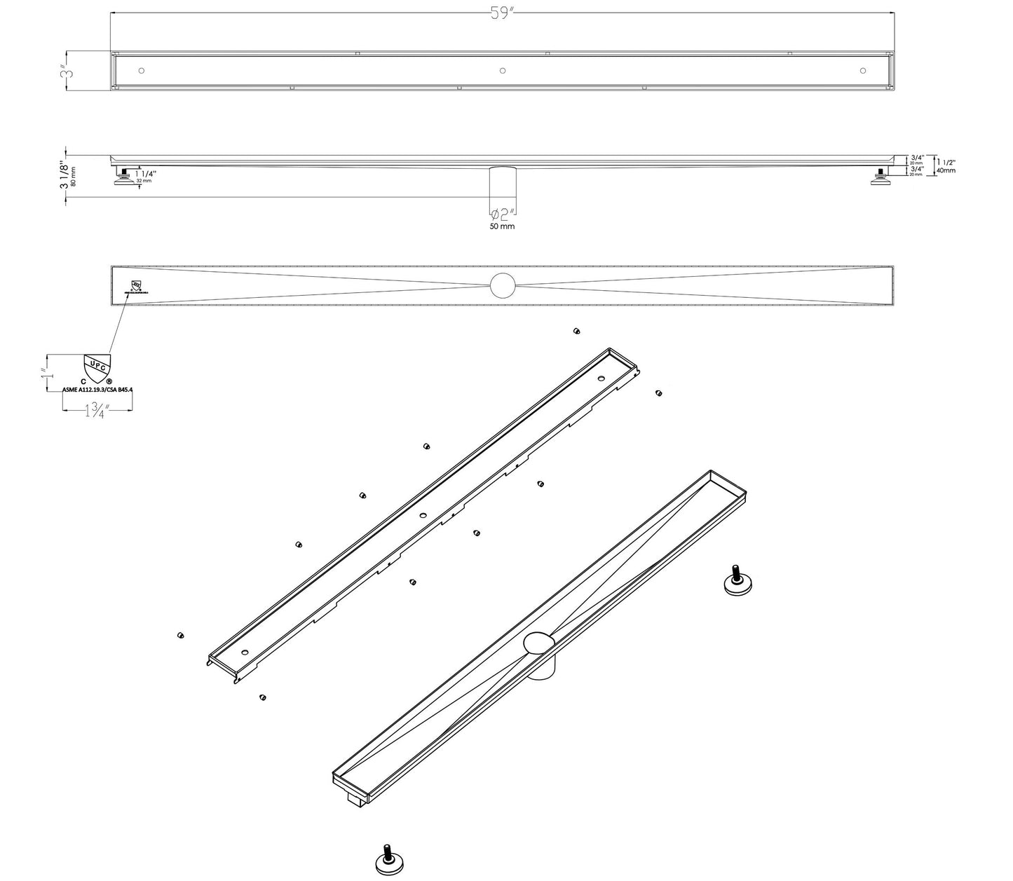 ALFI brand ABLD59A ABLD59A 59" Stainless Steel Linear Shower Drain with No Cover