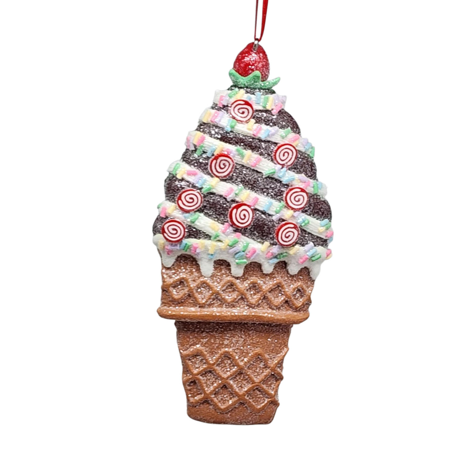 Decorative ice cream cone ornament with colorful sprinkles on a white background