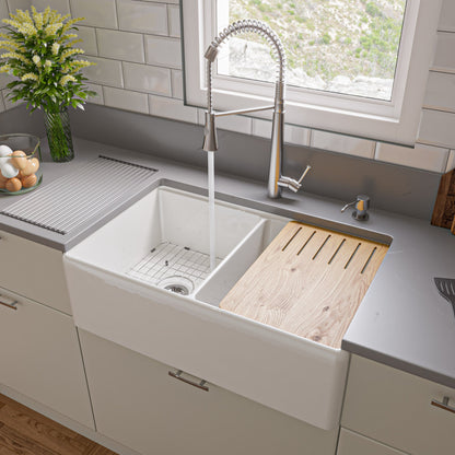 ALFI brand ABFS3320D Workstation 33" x 20" Double Bowl Step Rim Fireclay Farm Sink with Accessories