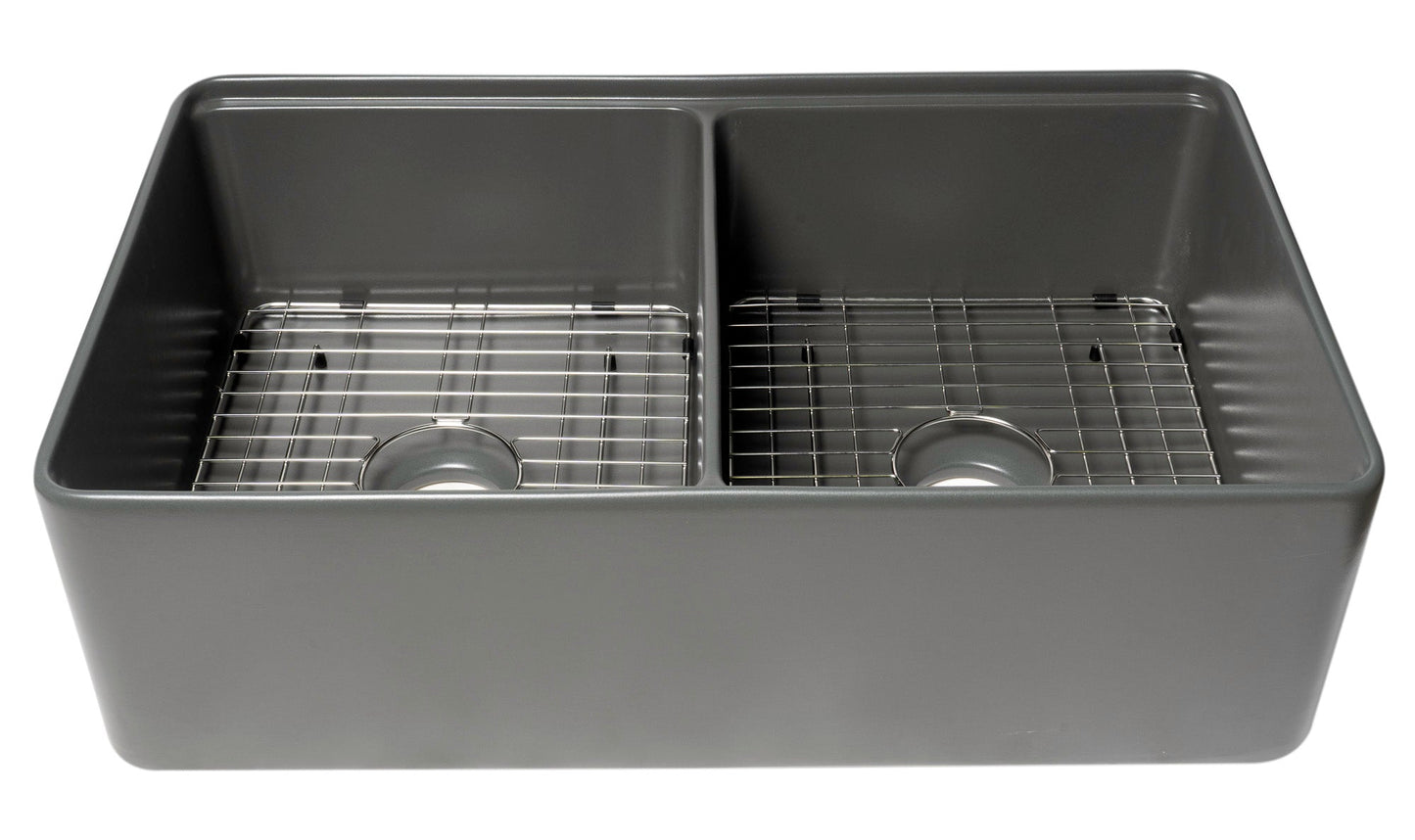 ALFI brand ABFS3320D Workstation 33" x 20" Double Bowl Step Rim Fireclay Farm Sink with Accessories