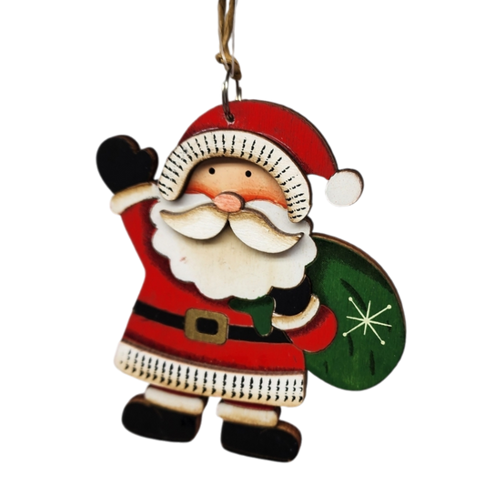 Rustic Wooden Ornament - Santa with a Bag of Toys