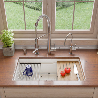 ALFI brand ABFS3219SUD ABFS3219SUD-W  White 32" x 19" Workstation Step Rim Single Bowl Fireclay Undermount / Drop In Kitchen Sink