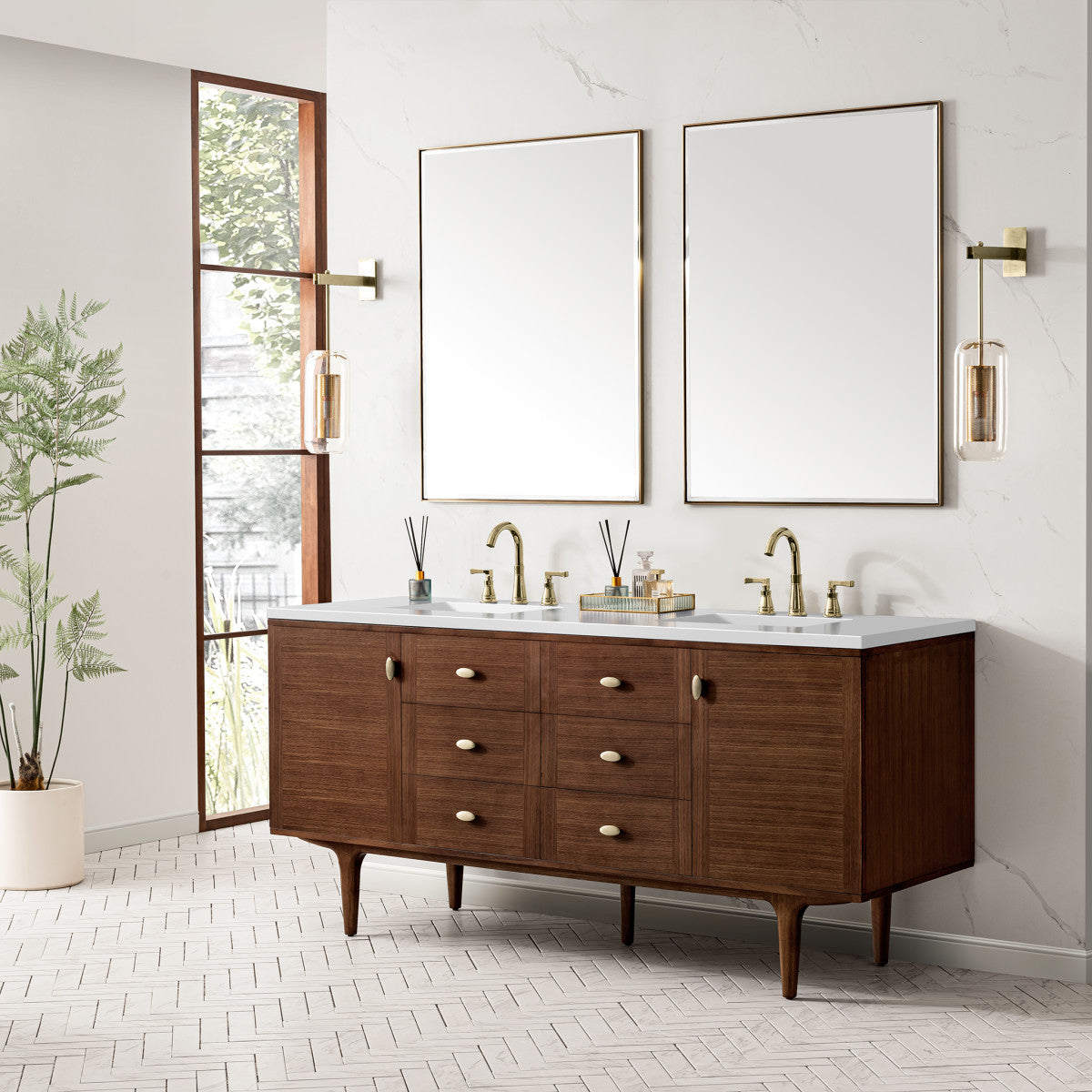 Amberly 72" Double Vanity Cabinet, Mid-Century Walnut