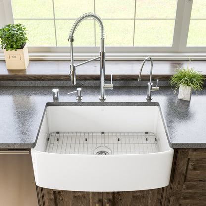 ALFI brand ABFC3020 ABFC3020-W White Smooth Curved Apron 30" x 20" Single Bowl Fireclay Farm Sink with Grid