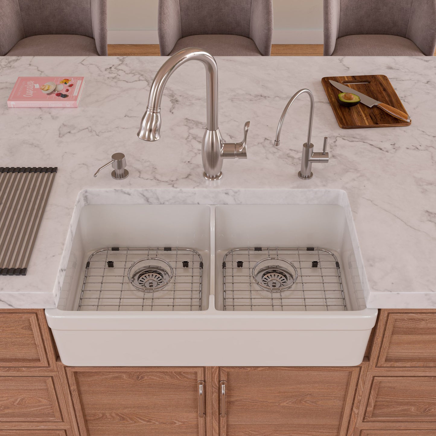 ALFI brand AB5123 AB5123-W White 32" Short Wall Double Bowl  Lip Apron Fireclay Farmhouse Kitchen Sink