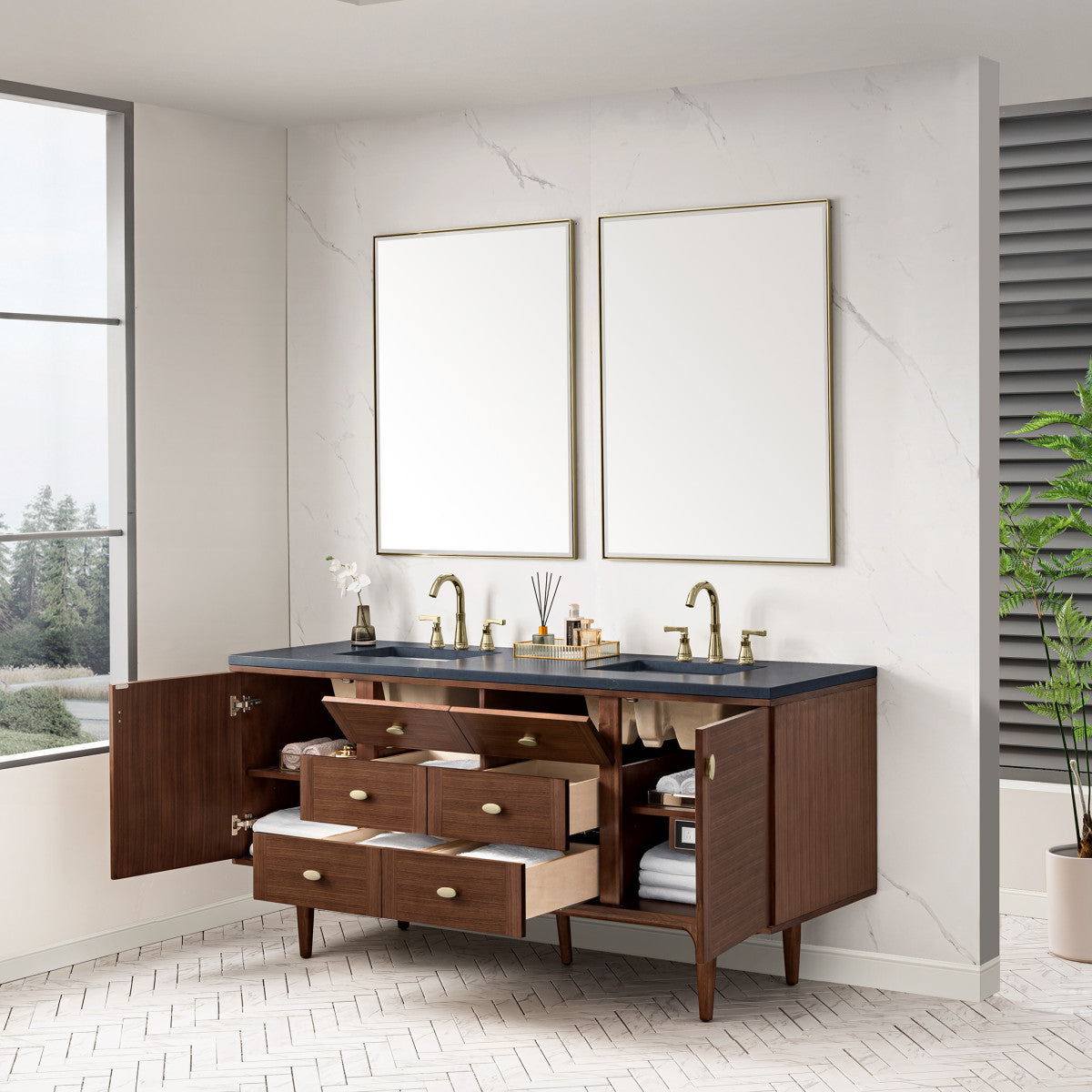 Amberly 72" Double Vanity Cabinet, Mid-Century Walnut