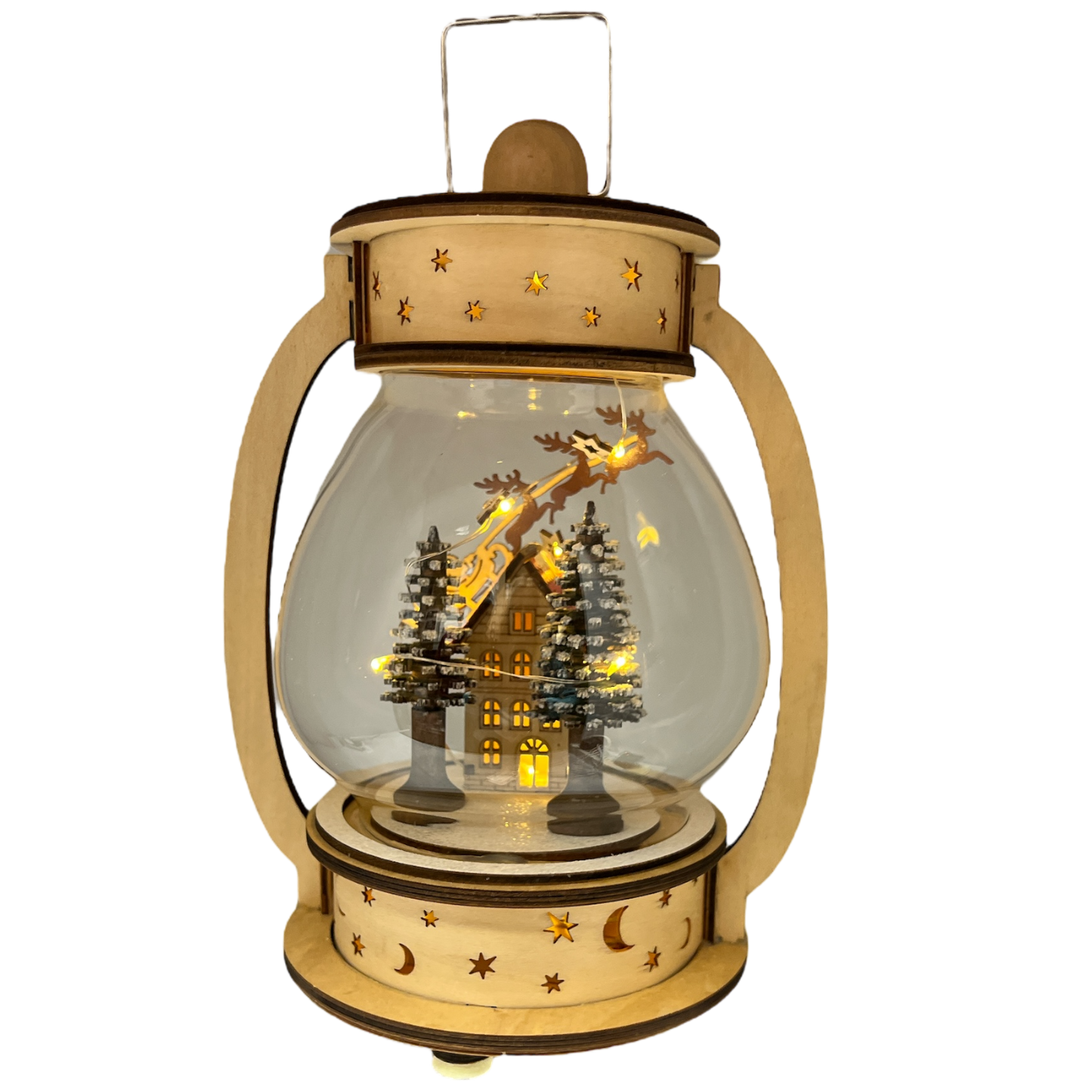 B/O Lighted Wind Up Musical Wood Glass Lantern - Santa Flying  Over House