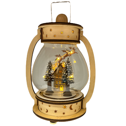 B/O Lighted Wind Up Musical Wood Glass Lantern - Santa Flying  Over House