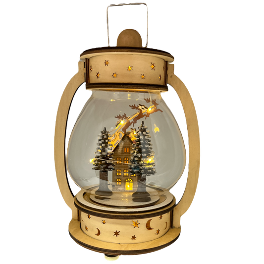 B/O Lighted Wind Up Musical Wood Glass Lantern - Santa Flying  Over House