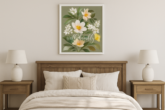 Walk Humbly Floral Art in Kitchen + Metal Bedroom Setting
