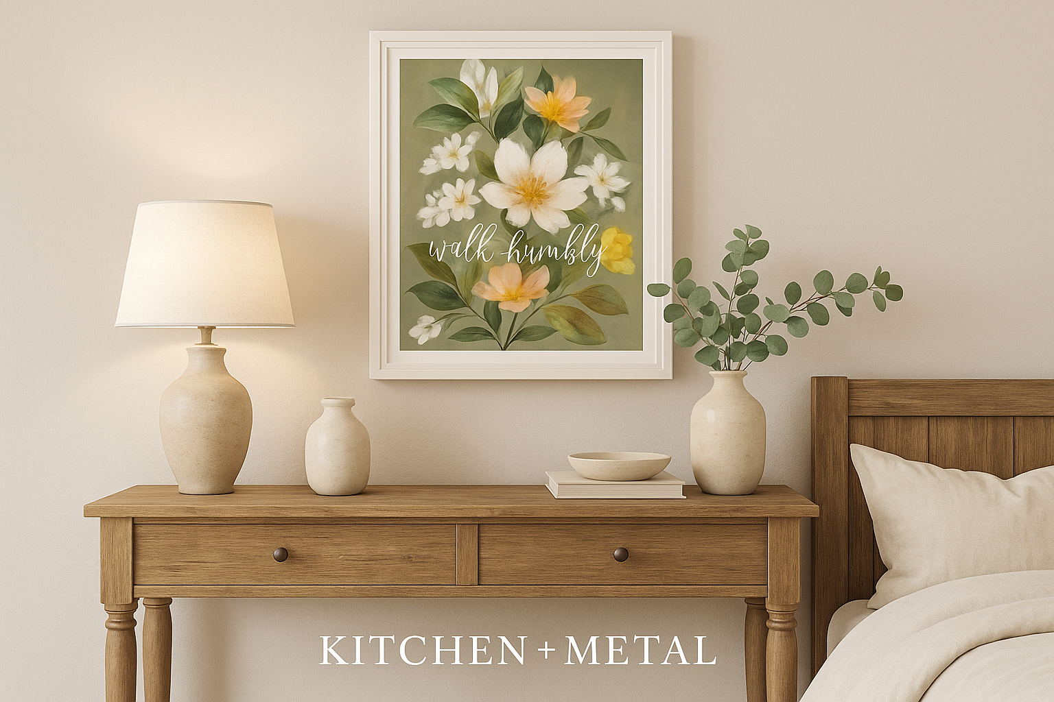 Walk Humbly Floral Art in Kitchen + Metal Living Room Setting
