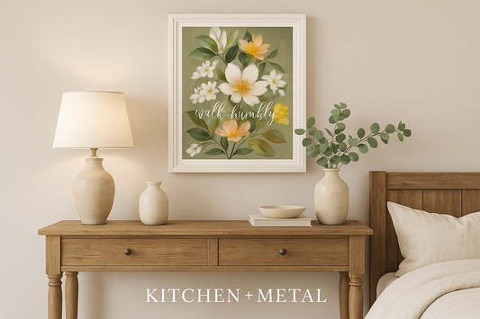 Walk Humbly Floral Art in Kitchen + Metal Living Room Setting