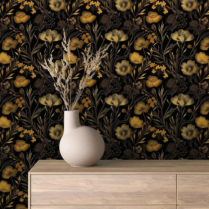 Golden Noir Floral Tapestry