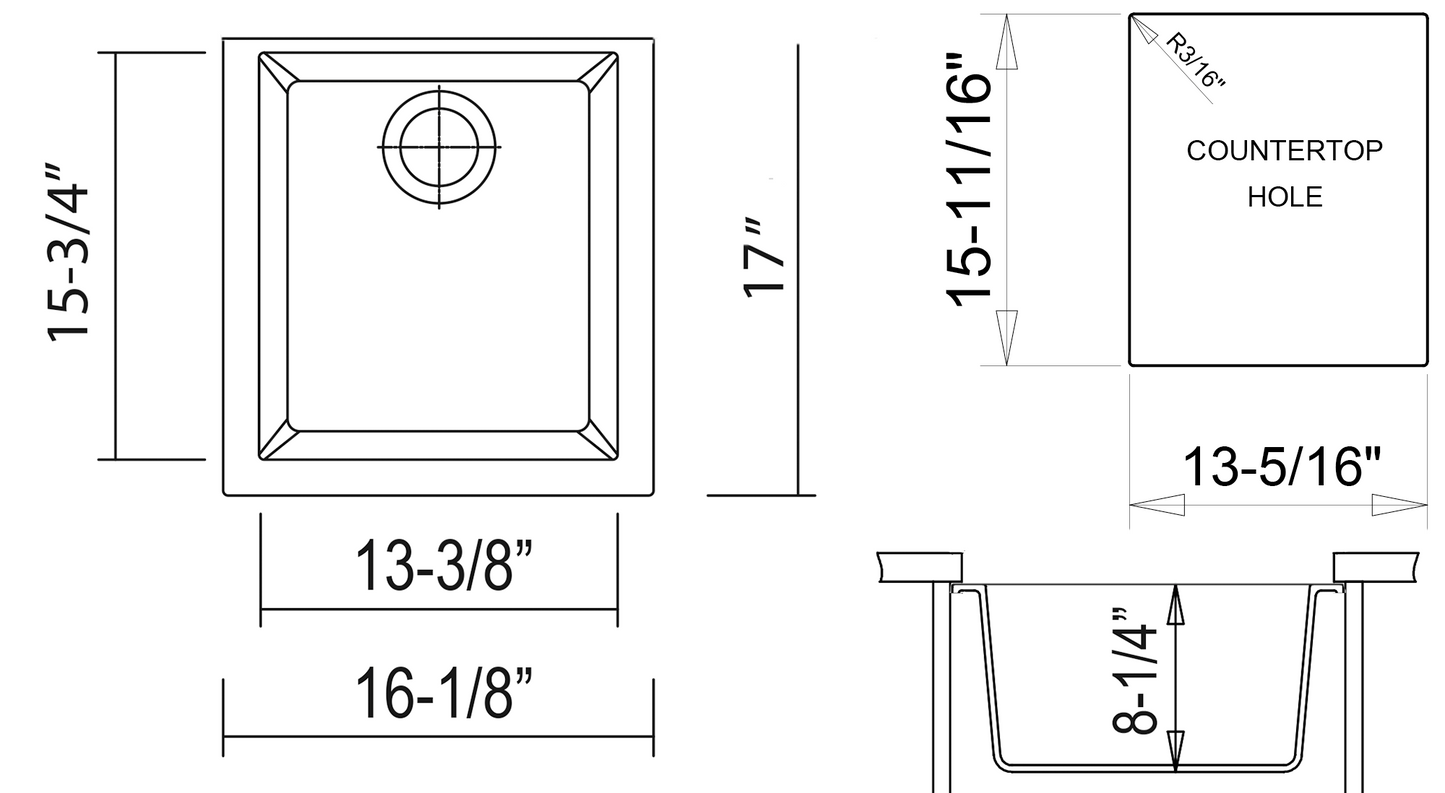 ALFI brand AB1720UM 17" Undermount Rectangular Granite Composite Kitchen Prep Sink