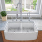 ALFI brand ABFC3320D ABFC3320D-W White Smooth Curved Apron 33" x 20" Double Bowl Fireclay Farm Sink with Grid