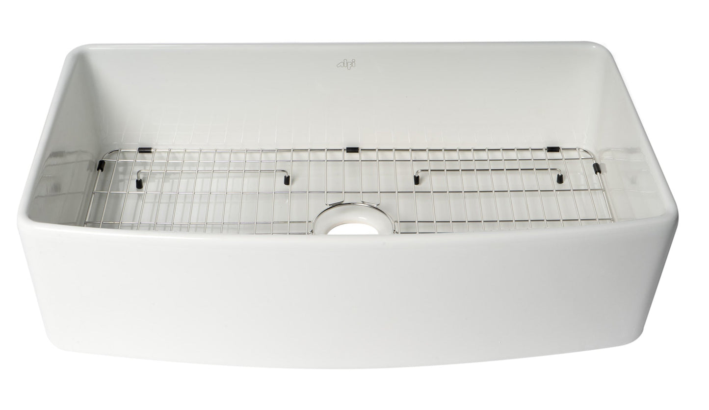 ALFI brand ABFC3620S ABFC3620S-W White Smooth Curved Apron 36" x 20" Single Bowl Fireclay Farm Sink with Grid