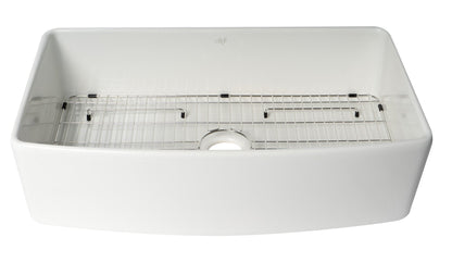 ALFI brand ABFC3620S ABFC3620S-W White Smooth Curved Apron 36" x 20" Single Bowl Fireclay Farm Sink with Grid