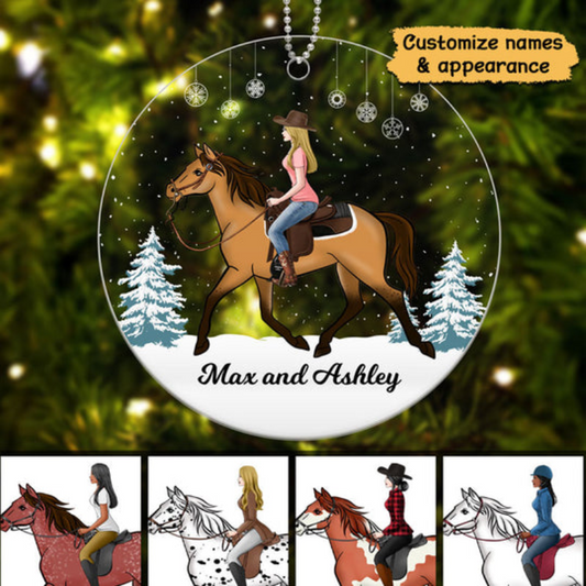 Girl Riding Horse In Snow - Personalized Circle Acrylic Ornament - Christmas Gift For Horse Riding, Riders, Horse Lovers
