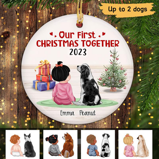 First Christmas Together Baby & Dog - Personalized Circle Ceramic Ornament - New 1st Baby Gift