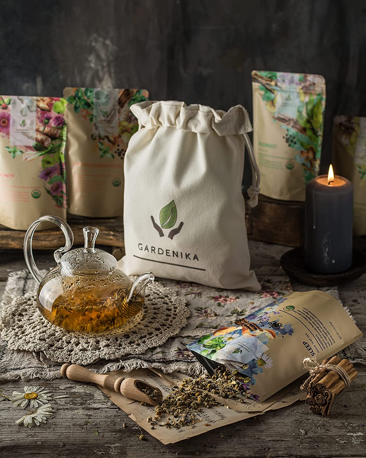 Gardenika Loose Leaf Herbal Tea Gift Sampler, USDA Organic, Caffeine Free, 120+ Cups – 5 Pack