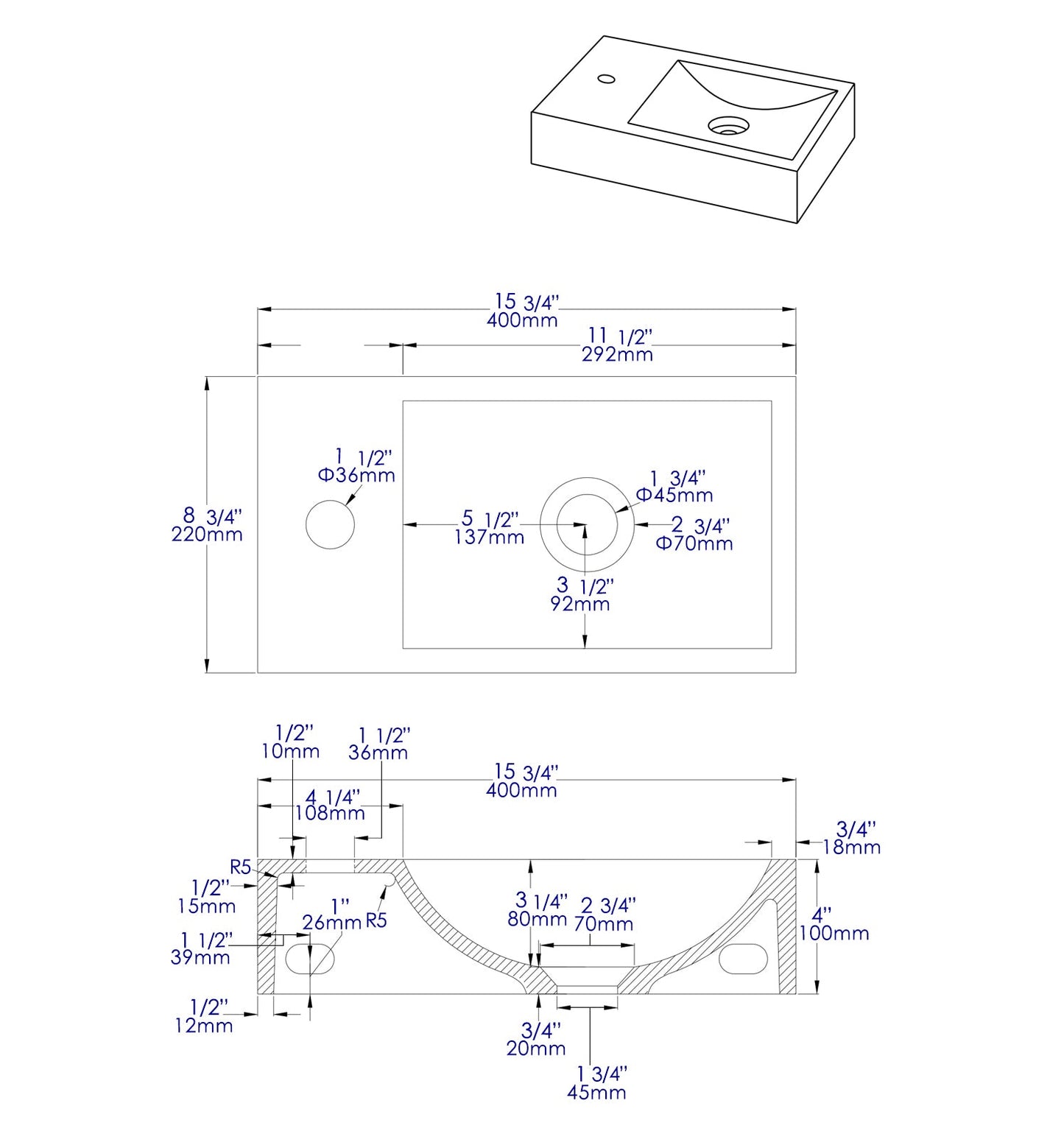 ALFI brand  ABCO108 16" Small Rectangular Solid Concrete Gray Matte Wall Mounted Bathroom Sink