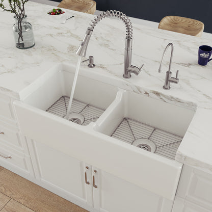 ALFI brand AB3918DB Smooth Apron Thick Wall Fireclay Double Bowl Farm Sink