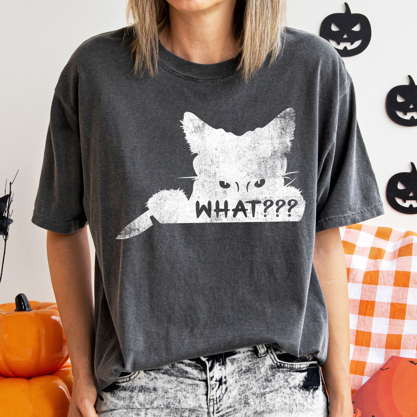 What? Cat And Knife Retro Halloween Comfort Colors Tshirt