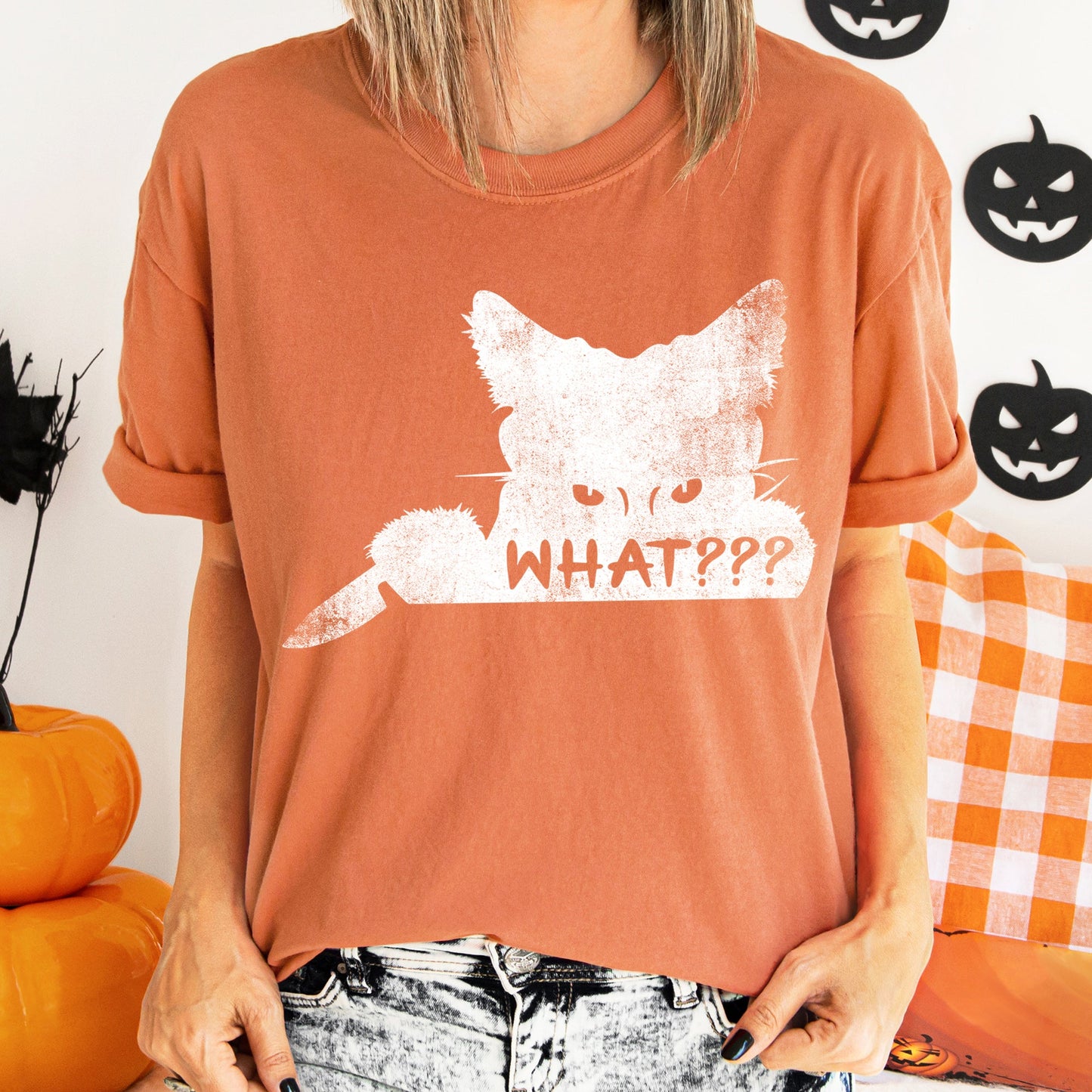 What? Cat And Knife Retro Halloween Comfort Colors Tshirt