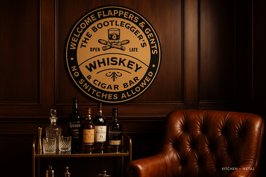 Whiskey & Cigar Bar Sign in Sophisticated Home Bar Setting
