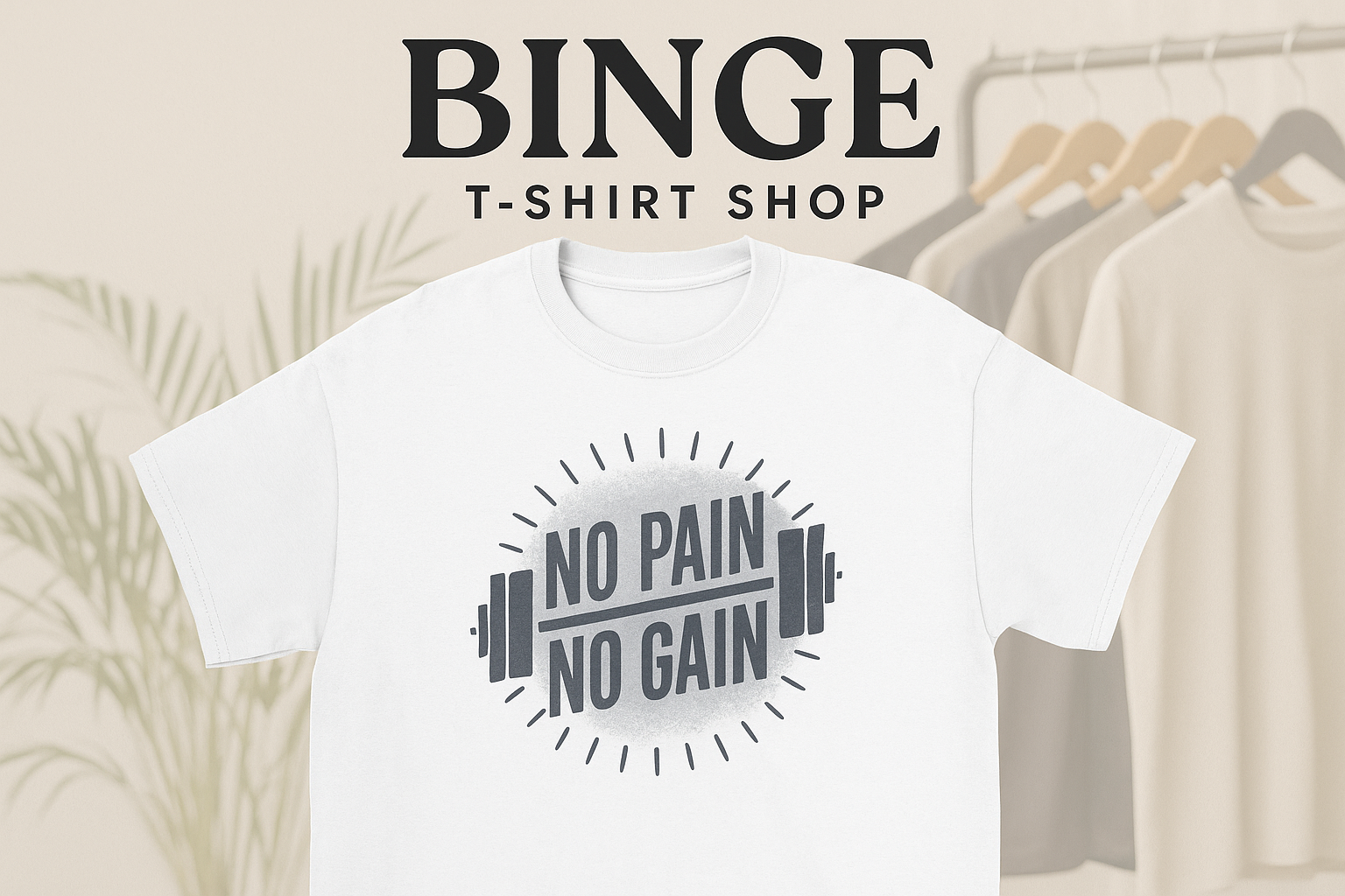 White No Pain No Gain t-shirt with Binge T-shirt Shop branding in the background