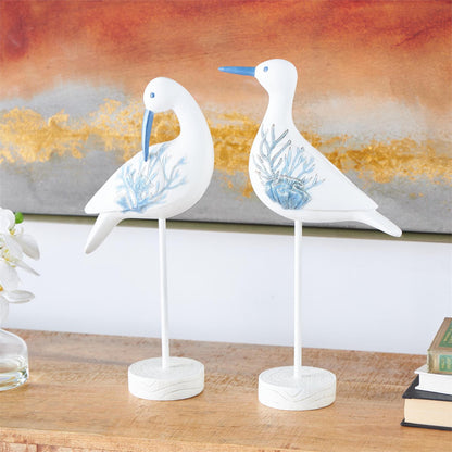White Polystone Bird Decorative Sculpture with Blue Coral Patterns