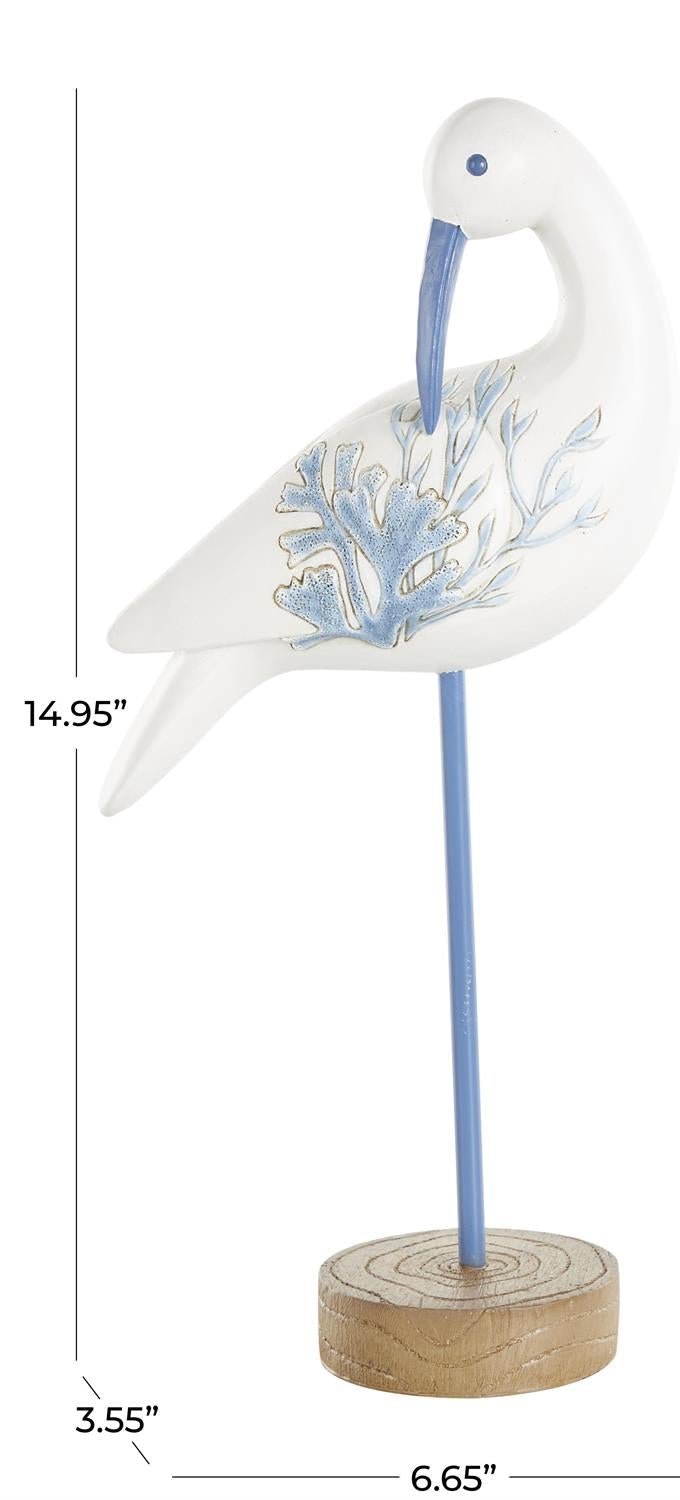 White Polystone Bird Decorative Sculpture with Blue Coral Patterns