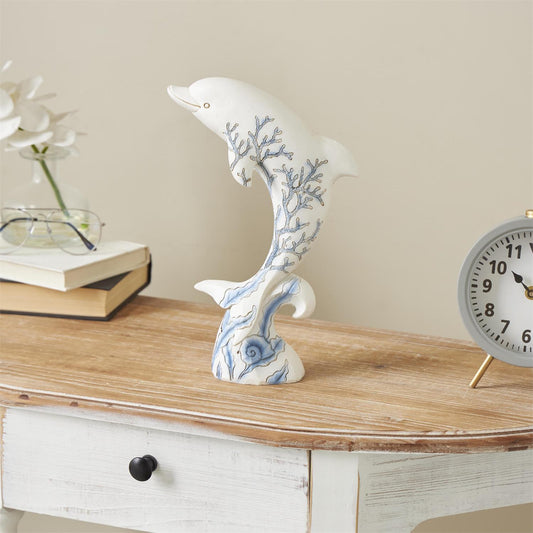 White Polystone Dolphin Curved Decorative Sculpture with Blue Coral Patterns