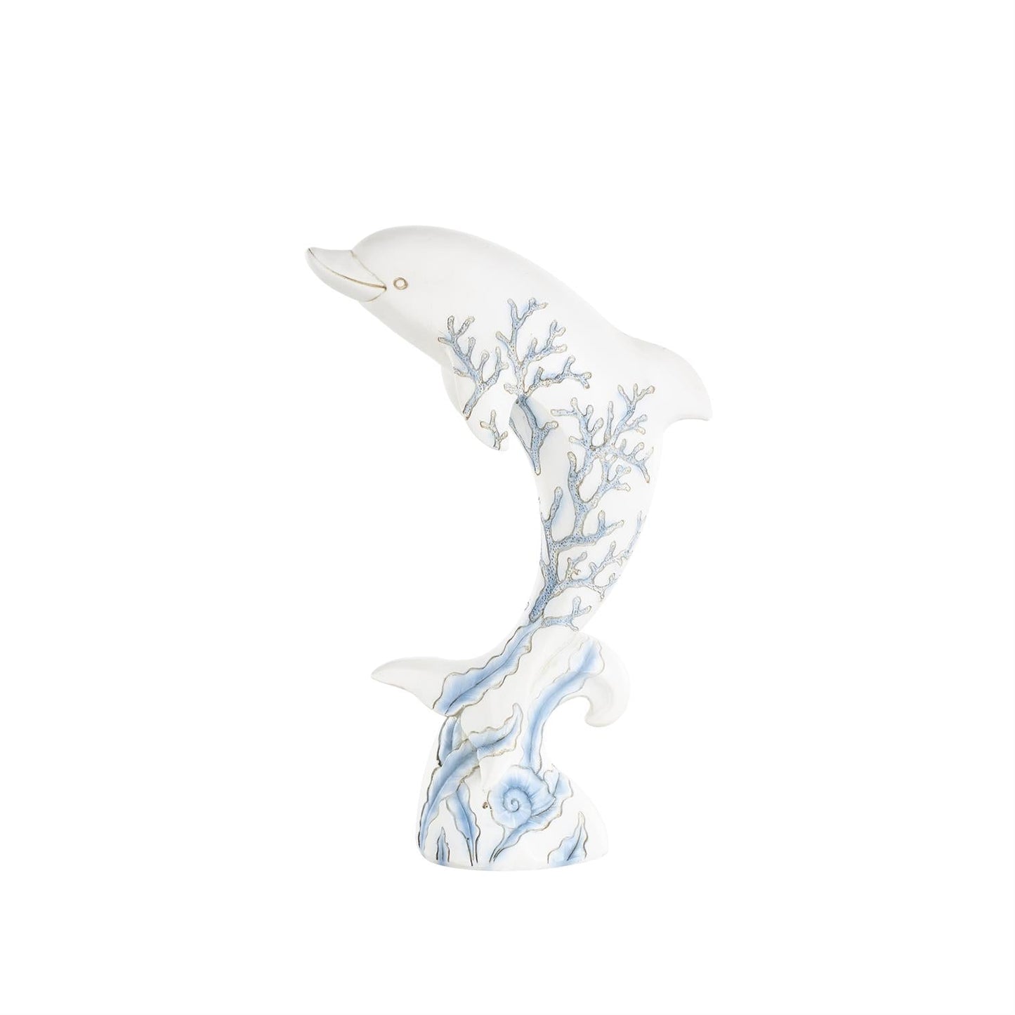 White Polystone Dolphin Curved Decorative Sculpture with Blue Coral Patterns
