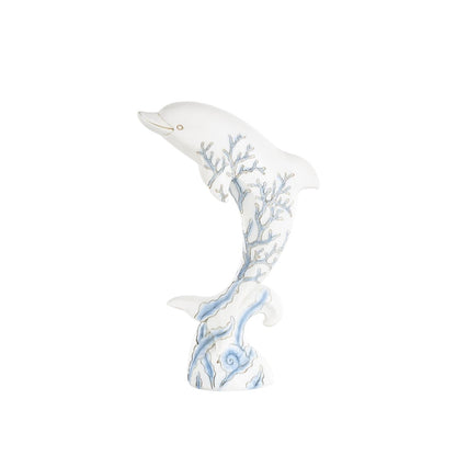 White Polystone Dolphin Curved Decorative Sculpture with Blue Coral Patterns