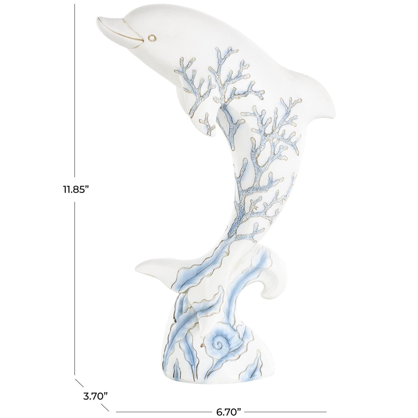 White Polystone Dolphin Curved Decorative Sculpture with Blue Coral Patterns