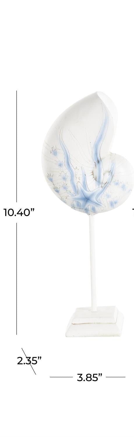 White Polystone Sea Life Shell and Starfish Decorative Sculpture with Blue Coral Patterns