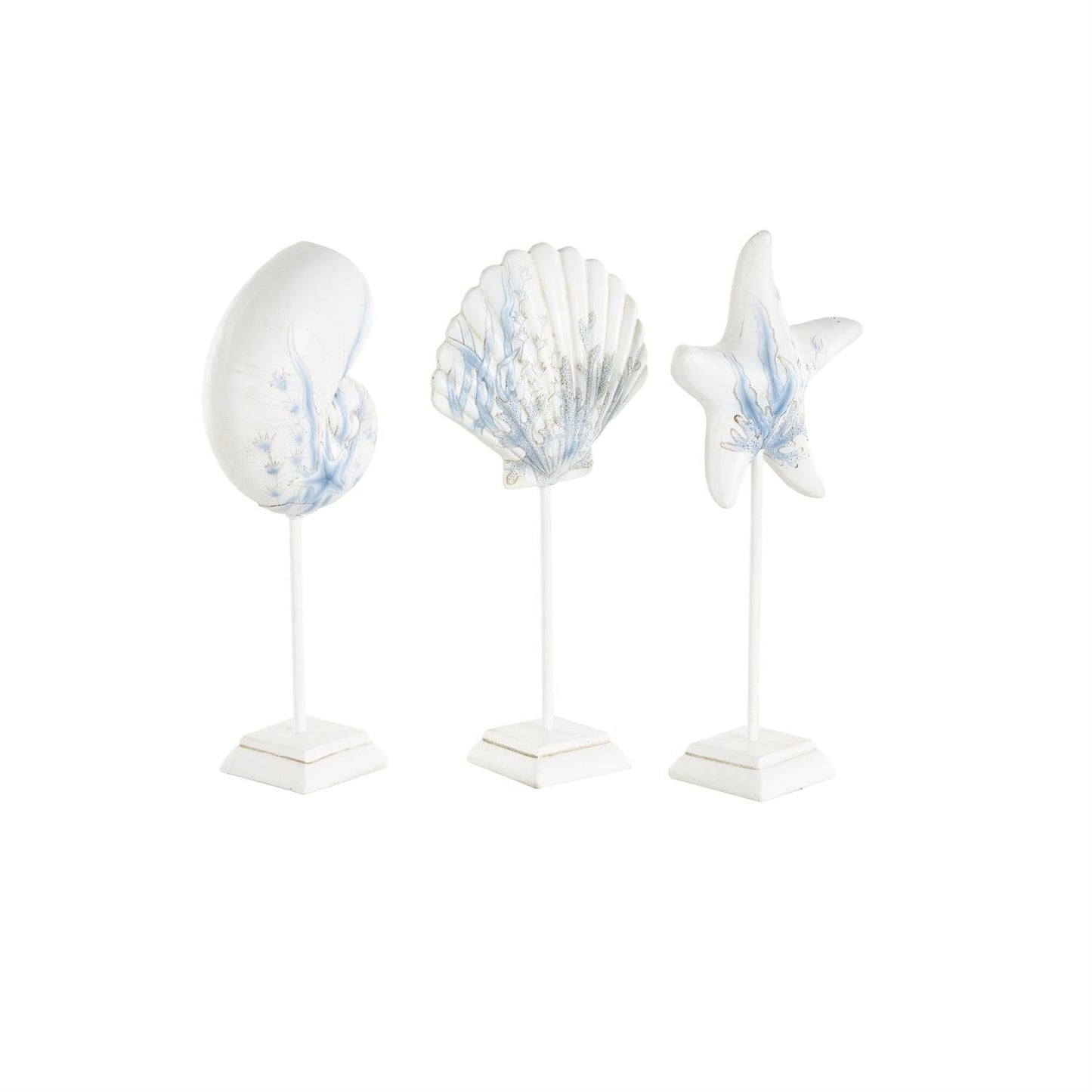 White Polystone Sea Life Shell and Starfish Decorative Sculpture with Blue Coral Patterns
