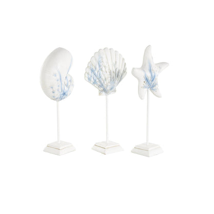 White Polystone Sea Life Shell and Starfish Decorative Sculpture with Blue Coral Patterns