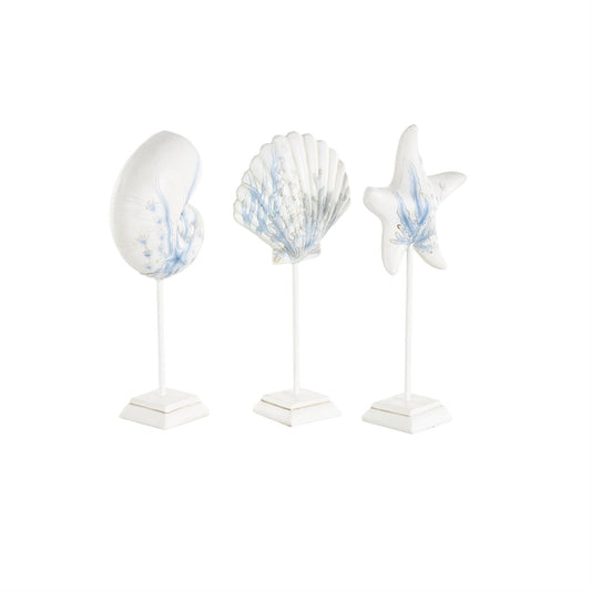 White Polystone Sea Life Shell and Starfish Decorative Sculpture with Blue Coral Patterns