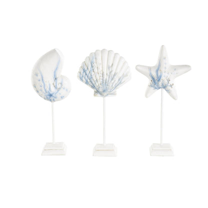 White Polystone Sea Life Shell and Starfish Decorative Sculpture with Blue Coral Patterns